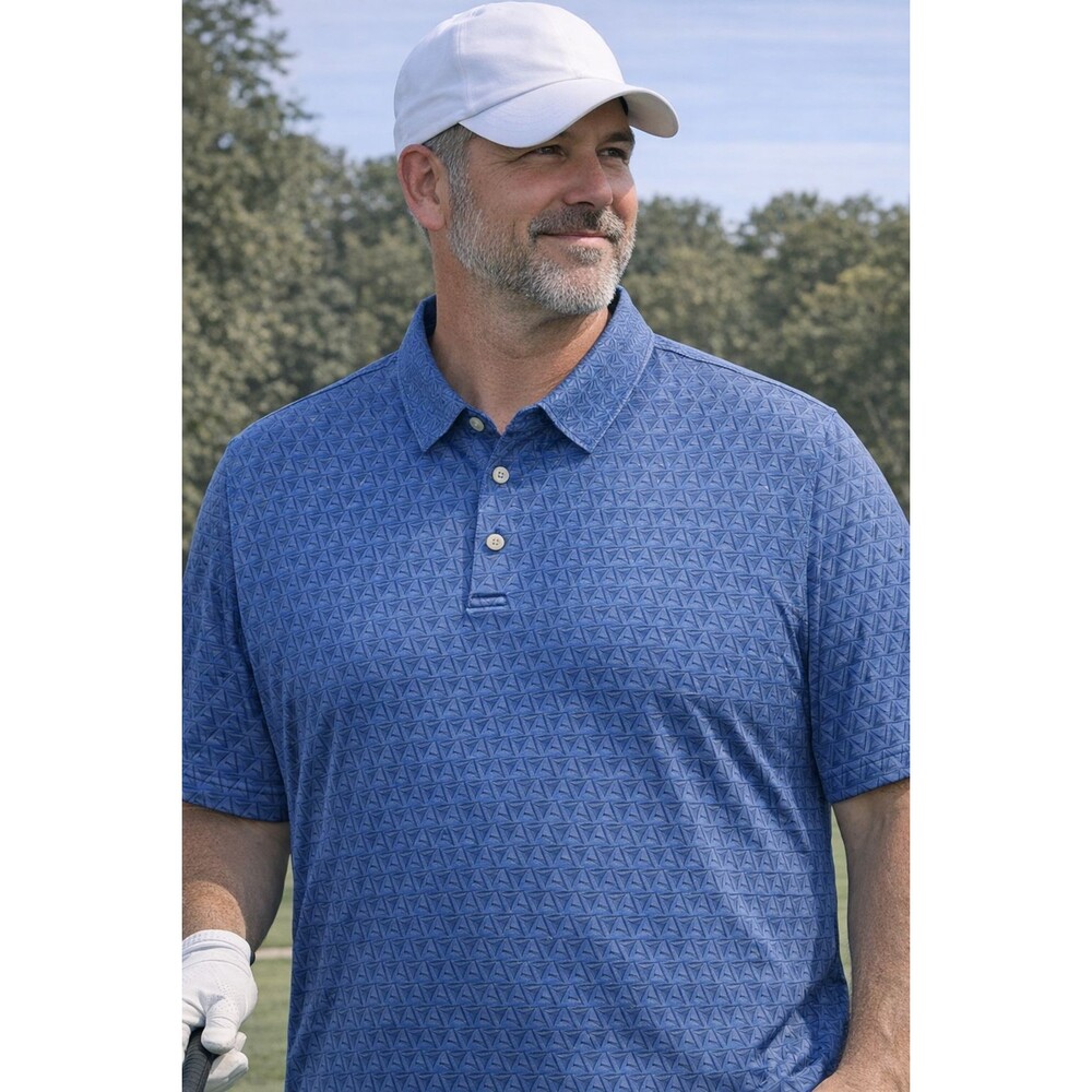 Greg Norman Mens XL Play Dry Polo Blue Geometric Golf Shirt Shark Logo